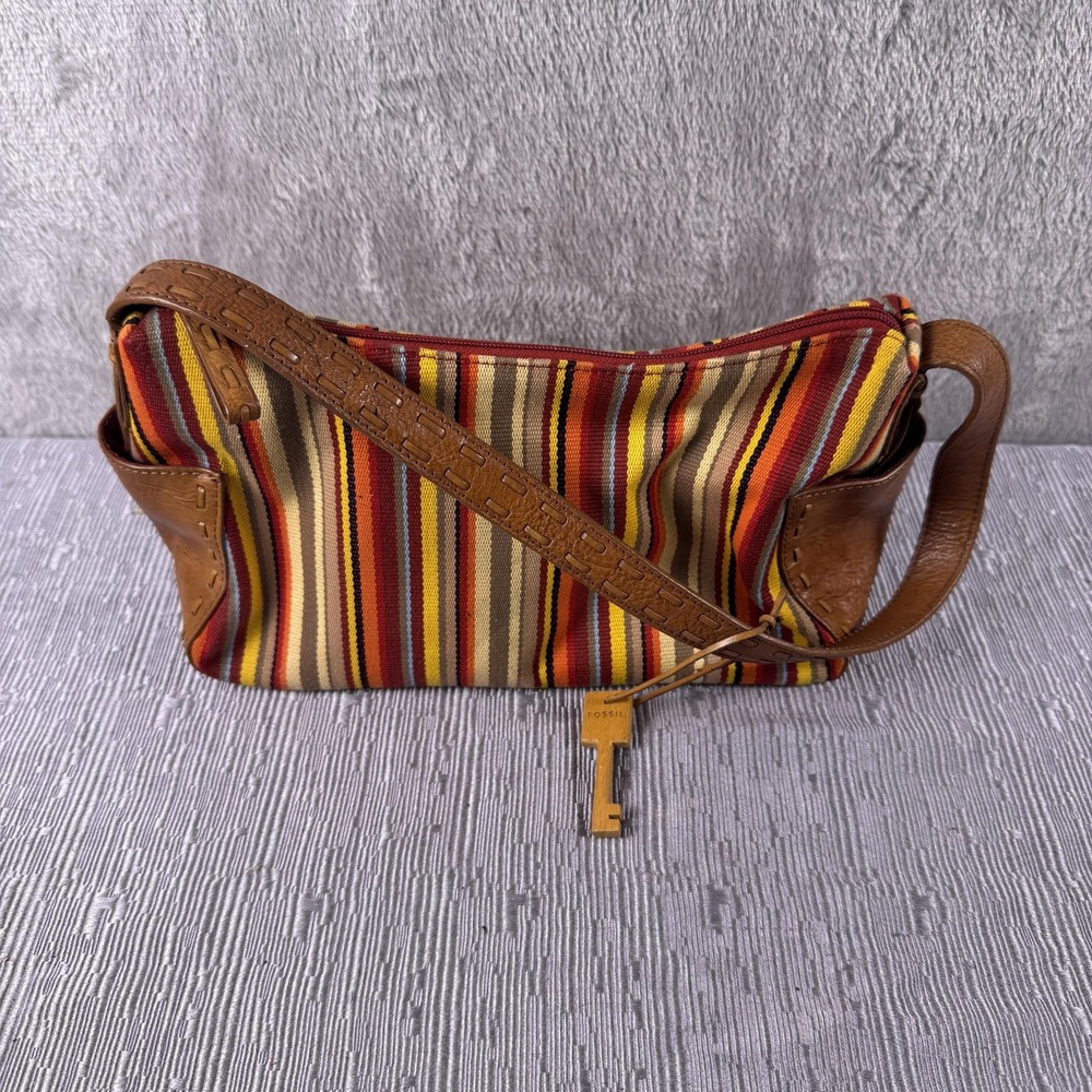 Fossil Shoulder Bag Womens Small Multicolor Striped Leather Purse Key Charm
